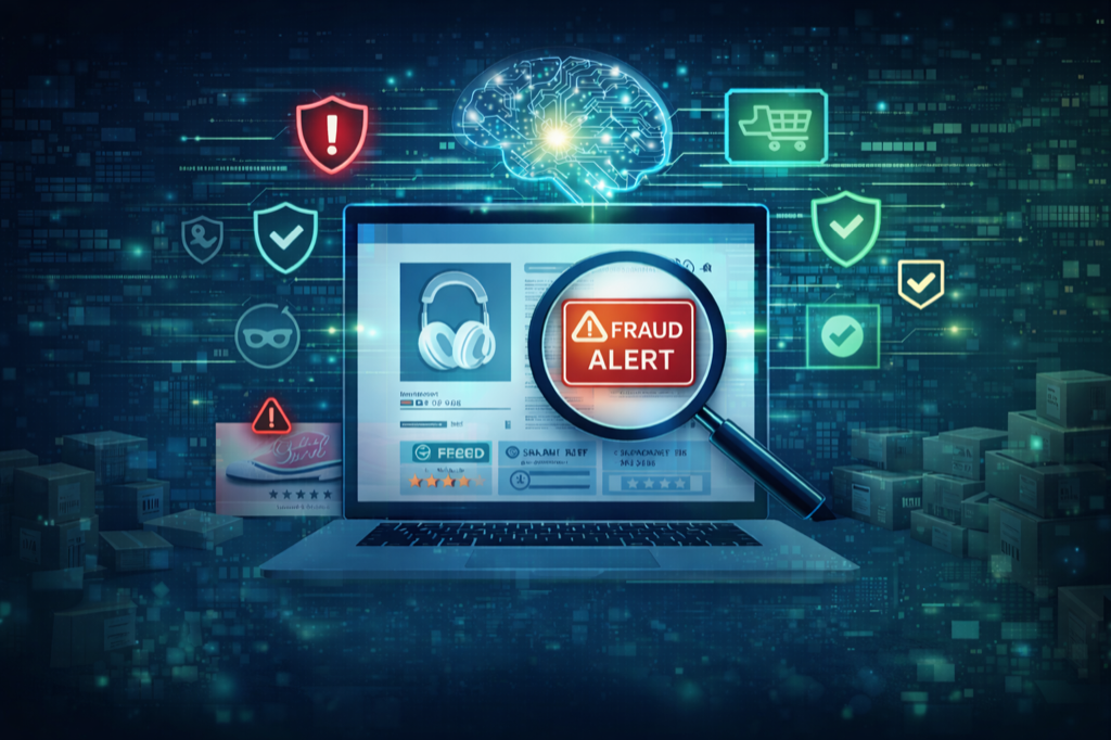 AI-powered e-commerce fraud detection showing brand violation alerts on marketplace listings